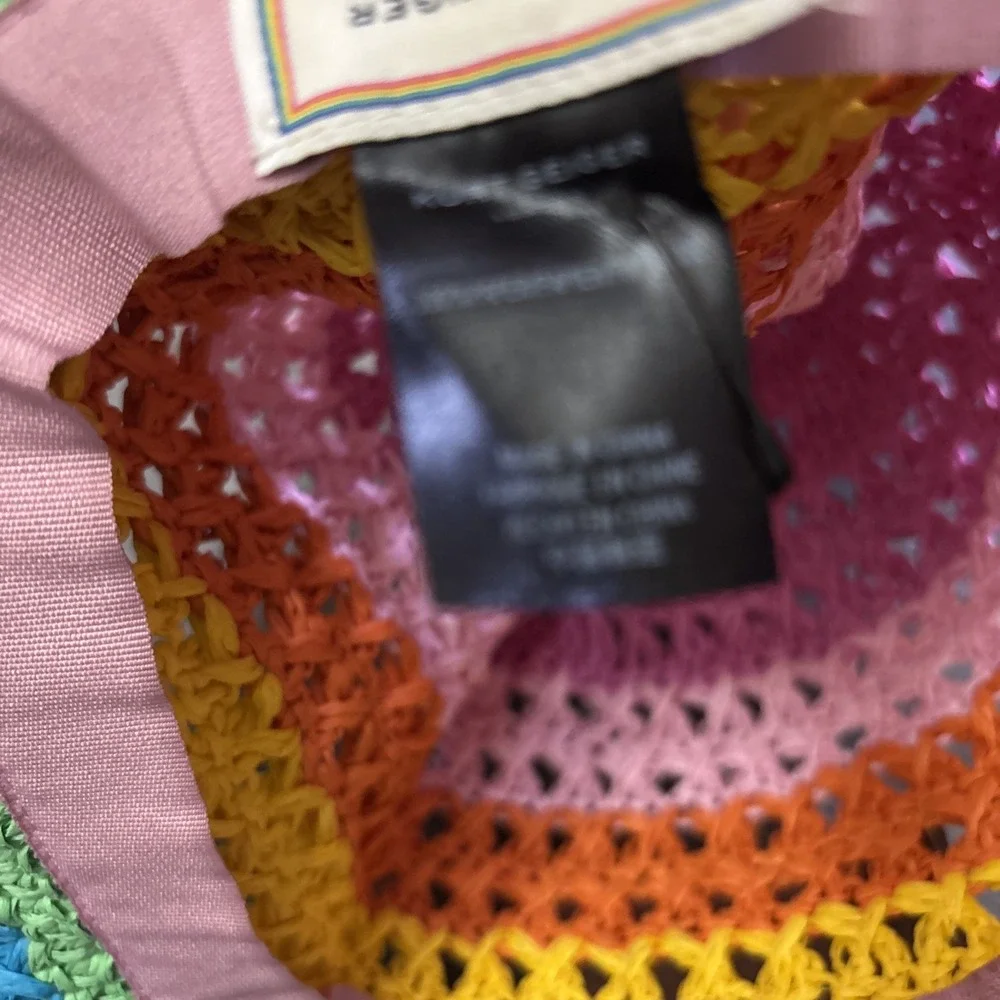 Kurt Geiger London Straw Bucket Hat Multicolor Crochet Scalloped Sun Hat